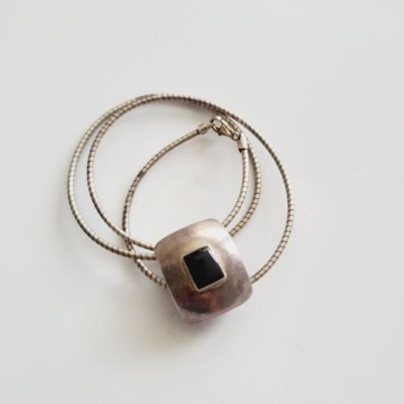 925 Sterling Slide Vintage Black Onyx Pendant Omega Italy Chain Necklace 18"